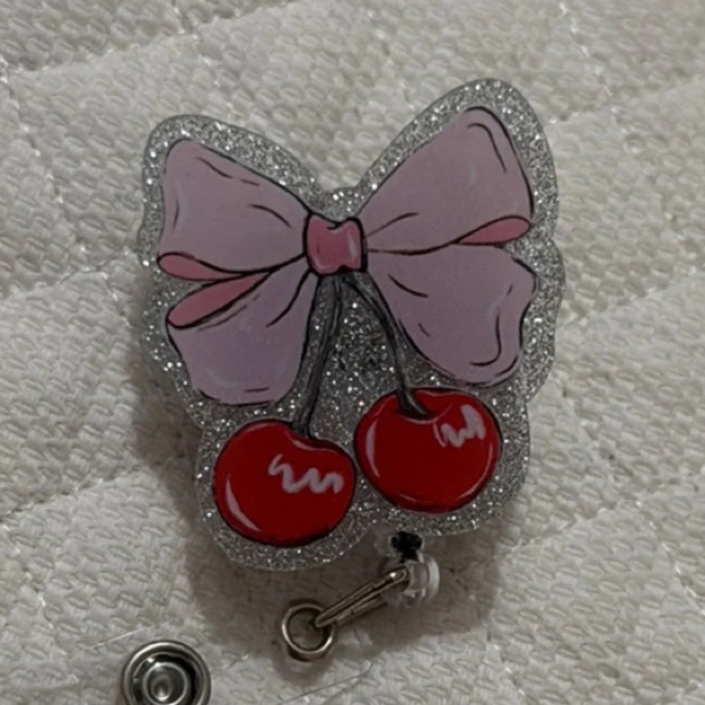Pink Bow and Cherry Glitter Badge Reel